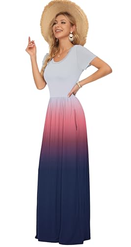 Image of AUSELILY Women's Classic Short Sleeve Loose Plain Casual Long Maxi Dresses | Year Round wear solid floral print, Casual wear, Empire waist, Floor-length, Side pockets, Short Sleeve