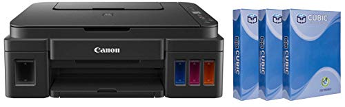 Image of Canon Pixma G2012 All-in-One Ink Tank Colour Printer (Black) with Cubic A4 75gsm Copier Paper - 500 Sheets, Pack of 3