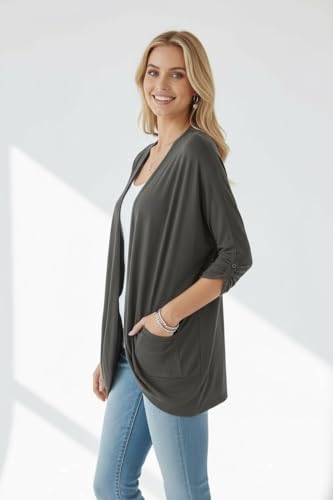 Image of ToBeInStyle Womens Open Front Long Sleeve Lightweight Asymmetrical Draped Cardigan with Side Pockets