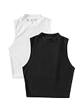 DIDK Damen 2 Stücke Crop Tank Top Stehkragen Croptop Basic Bauchfrei Oberteil 2-teiller Stricktops Sets Schwarz Weiß M