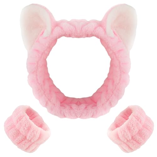 3 Teiliges Spa Stirnband Und Armband Set Make Up Niedliches Katzenohren Zum Waschen Des Gesichts Dusche Gesichtswasch Handgelenkbänder Korallen Fleece Elastisches Schönheits Hautpflege (Rosa)