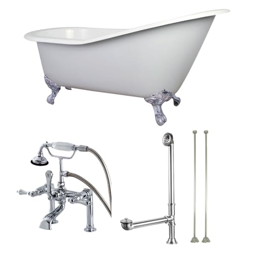 Aqua Eden KCT7D653129C1 62-Inch Cast Iron Single Slipper Clawfoot Tub Combo with Faucet and Supply Lines, White/Polished Chrome/Polished Chrome