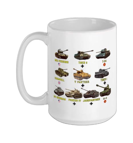 Top Ten Best WW2 Tanks M4 Sherman Panzer IV Tiger II T-34 Ceramic Mug, White, 15oz