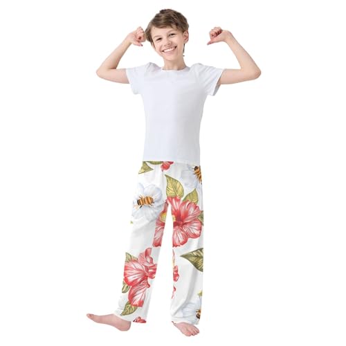 ZZXXB Hibiscus Flower Bee Boys Long Pants Soft Trousers Elastic Waist Kids Lounge Bottoms with Pockets S-XL3