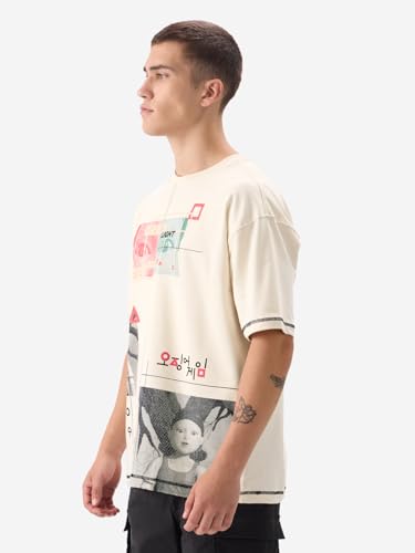 Image of The Souled Store Squid Game: Let's Play Men and Boys Short Sleeve Round Neck Beige Graphic Printed Cotton Oversized T-Shirts