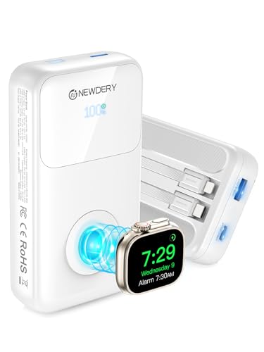 NEWDERY 20000mAh Portable Charger for Apple Watch,5-in-1 Power Bank Built-in Cables,PD 20W Fast Charging Travel Battery Pack with USB C Cable for All iWatch,iPhones,iPad,Samsung More Phones Tablets