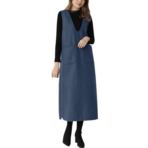 Strickkleid Damen Damen-Pulloverkleid mit V-Ausschnitt, ärmellos, gestrickt, solide, lang, mit Taschen (Blue, M)