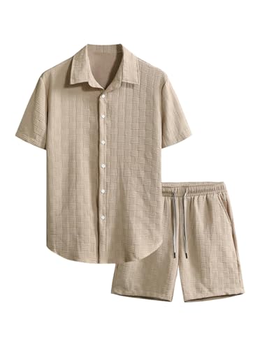 VIPWOLF Men's 2 Piece Vacation Cruise Outfits Textured Linen Shorts Sets