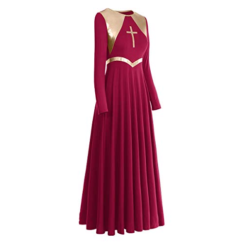 Women Metallic Cross Liturgical Praise Dance Dress Lyrical Dancewear Color Block Full Length Robe Worship Wine Red + Gold Cross 3XL