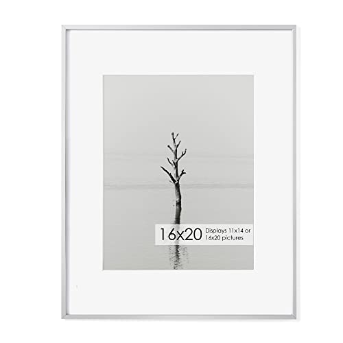 16x20 Metal Picture Frame with 11x14 Mat, Brushed Aluminum Finish, Tempered Glass Front, and Attached Hanging Hardware - Versatile Wall Display Frames for Vertical or Horizontal Orientation(Silver,