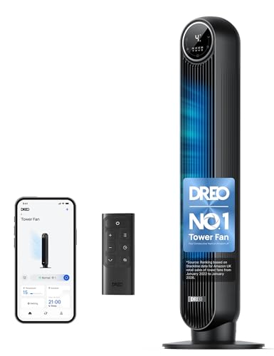 Dreo Smart Tower Fan, 28dB Silent Standing Fans for Bedroom, 25ft/s Velocity Electric Cooling Fan, 90° Oscillating Floor Bladeless Fans, Wifi/Alexa Remote Control, 4 Speeds/4Modes/8H Timer, Black