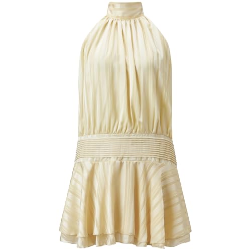 Image of Women's 2026 Summer Halter Dress Sleeveless Open Back Ruffle Tiered Layered Chiffon Pleated A Line Swing Mini Dress