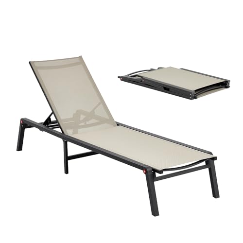 VEVOR Tumbona Plegable, 1110 x 595 x 105 mm, Tumbona Impermeable con 5 Posiciones Ajustables, Sillón de Aluminio Relajante, Carga de 180 kg para Jardín, Playa, Patio, Camping y Terraza, Caqui