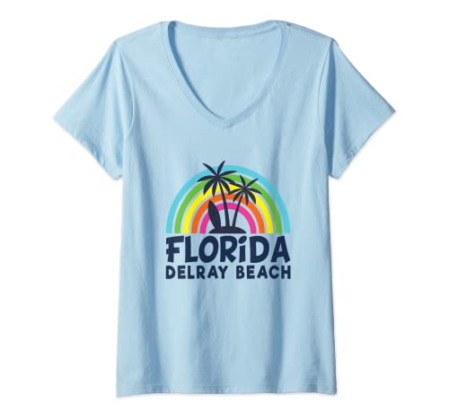 Mujer Tabla de surf Delray Beach FL Retro Atardecer Moda Delray Florida Camiseta Cuello V