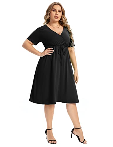 Image of ShopWonder Plus Size Dress Women's V Neck A-Line Knee Length Wrap Swing Dresses Plus Size A Line Party Mini Dress