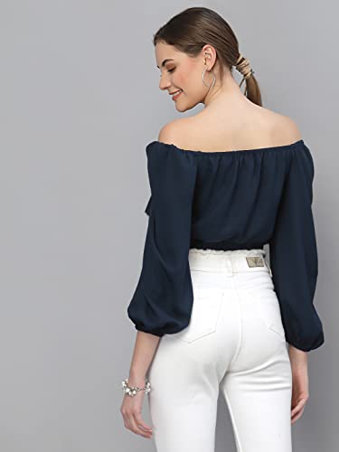 Image of Style Quotient Women Navy Blue Off-Shoulder Bardot Crop Top