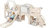 Lovgrils 12 in 1 Toddler Outdoor Playset with Swing, Indoor Swing and Slide Set Playground for Toddlers 1-3, Durable Climber Basketball Hoop Ball Toddler Indoor Playset for Home Playground-White Grey