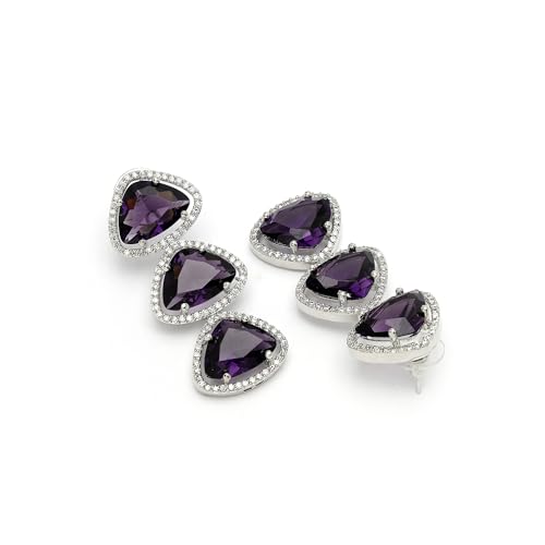 Image of ZENEME Rhodium Plated Silver Toned Triangular Shaped American Diamond Studded Jewellery Set For Women and Girl