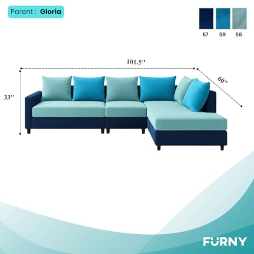 Image of FURNY Glory 6 Seater RHS Fabric Sofa Set (Dark Blue-Aqua Blue-Sky Blue) with Velvet Finish | Durable Comfort | Ideal for Living Room | Breathable material