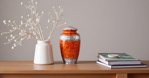 Image of Cremation Urn for Human Ashes Adult - Handcrafted Aluminum Funeral Urn with Silver Engraved Border | Large 200 Cu in Burial Urn for Ashes | Decorative Memorial Urn with Velvet Bag - Antique Finish
