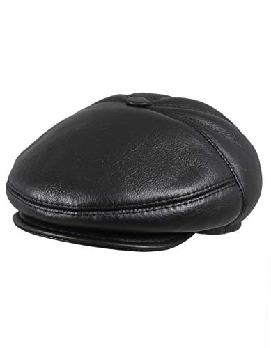 Zavelio Men's Leather Shearling Sheepskin 5 Panel Driving Cap Large Black