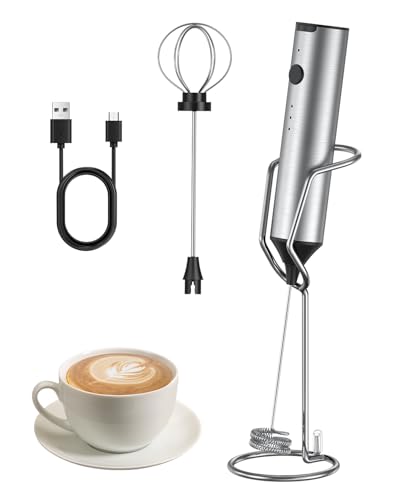 Pawfly Batidora de Leche Recargable, 3 Velocidades Ajustable con Soporte y 2 Varillas Desmontables, Mezclador Eléctrico para Cappuccino Latte Espuma de Leche