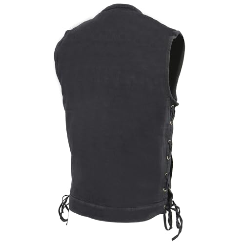 Milwaukee Leather Mens Black Denim Side Lace Biker Club MC Vest - Snap & Zipper Front MDM30024