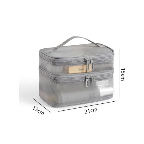 Double Layer Makeup Bag Toiletry Bag – Large Capacity Travel Cosmetic Storage Organizer, Gray Nylon Mesh, Portable and Durable2