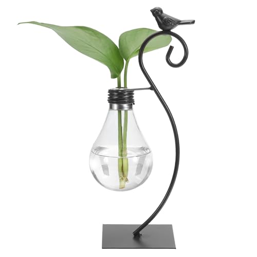 PATIKIL Bird Plant Propagation Station Glass Vases, 1 Pack Desktop Round Planter Terrarium Vase with Holder for Hydroponic Office Home Decor Plants Indoor, Black