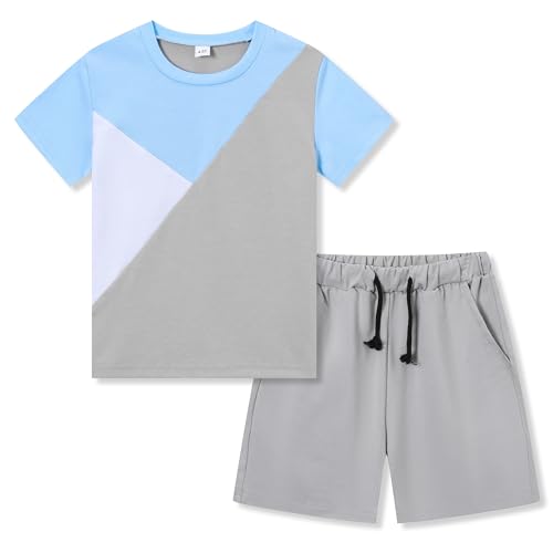 Image of Ayzozuy Boy Clothes Colorblock Top + Drawstring Waist Shorts 2 Pieces Kid Summer Outfits Set