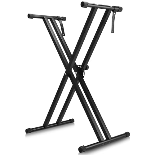 Keyboardständer-Doppelstrebig Keyboard Ständer mit Sicherheitslaschen, höhenverstellbar in 7 Stufen von 25-93cm, X-Form piano stand faltbar und abnehmbar, kann für 54/88 Tasten E-Piano, Kinderklavier