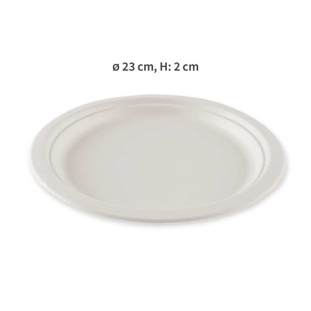 FRANZ MENSCH 1000 Stück NATUREStar Teller, rund | Zuckerrohr, weiß, Ø: 23cm, H: 2cm, Karton, Einwegteller, Zuckerrohrteller, Einmalteller