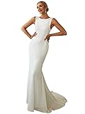 Ever-Pretty Women's Boat Neck Lace Applique Backless Sweep Train Long Bridal Dresses for Wedding White US10