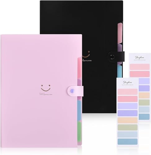 2 Pack SKYDUE Document Organiser,Cute Folders for Paperwork A4,Paperwork File Organiser with 5 Pockets, Expanding File Folder File Organiser for Home Office Businesses(Black+Pink)