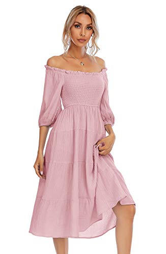 Image of R.Vivimos Women's Summer Cotton Lantern Sleeves Ruffled Off Shoulder A-Line Midi Dresses