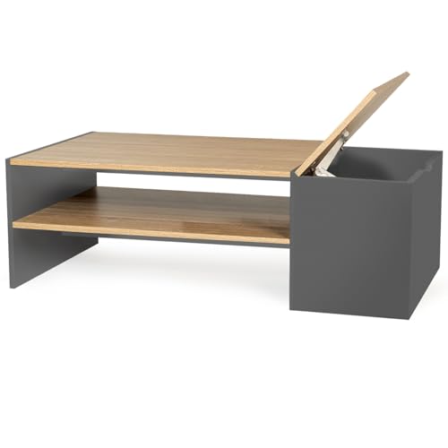 IDMarket – Mesa de centro rectangular contemporánea IZIA con baúl gris y bandejas de madera