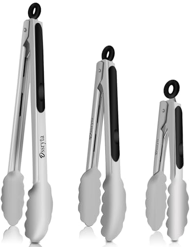 Ossryta Stainless Steel Cooking Tongs Set of 3 - Heavy Duty 12/9/7 Inch Locking Tongs Heat Resistant to 600 Degrees Food Grade Kitchen Metal Tong for Food Salad & BBQ - Dishwasher Safe