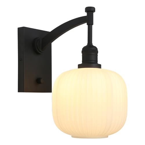Image of Pathson Milk White Glass Wall Sconce with Switch, Hardwired Wall Vanity Light, Mid-Century Vintage Wall Lamp Fixture or Living Room Farmhouse Bathroom Bedside Lighting
