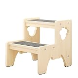 Wooden Toddler Step Stool for Kids, Bowdanie Two Step Stool Adults with 4 Non-Slip Pads and 2 Carpet