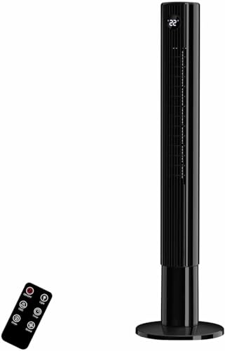 Vidacharmy Ventilador de Torre 110cm - Enfría Rápido y Bajo Consumo, Turbo 7.8 m/s, Ultra Silencioso 26dB, 4 Modos y Oscilación 85°, emporizador 12H, Control Remoto y Pantalla LED, Negro Elegante