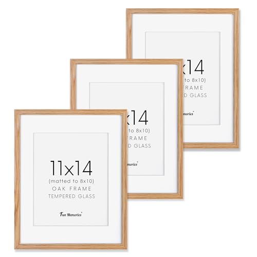 11x14 Picture Frames Set of 3, Light Wood 11 x 14 Frame for Wall, High-End Wood Oak Frame 11 by 14 with Tempered Glass, 11x14 Picture Frame Matted to 8x10, Rustic Frames 11x14 Inch, Oak Color