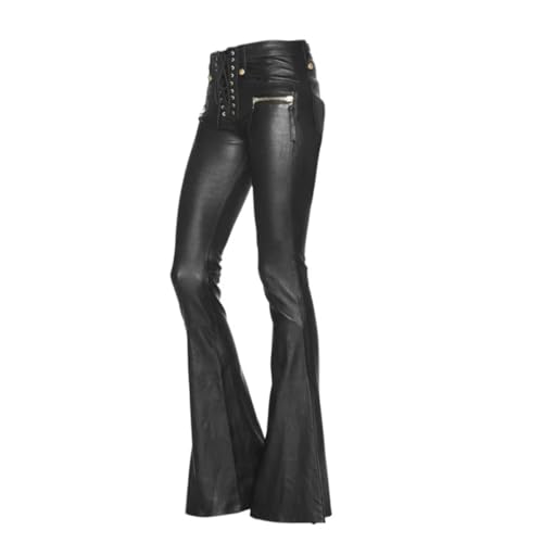 Women Flared Faux Leather Trouser Loose Straight Leggings Lace Up Bell Bottom High Waist Boot Cut Pants3