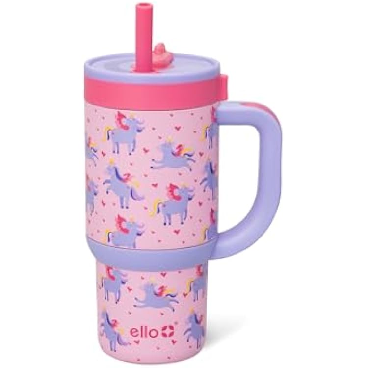 Ello Oasis 14oz Stainless Steel Toddler Tumbler with Handle & Retracting Straw, 100% Leakproof, Double-Wall Vacuum Insulated, Kids Water Bottle for School, BPA Free, Dishwasher Safe, Unicorns