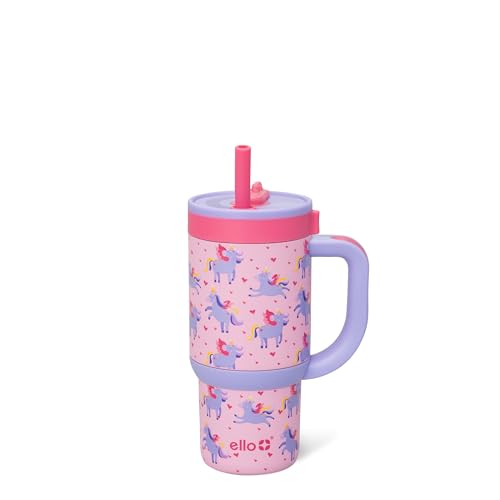 Ello Oasis 14oz Stainless Steel Toddler Tumbler with Handle & Retracting Straw 100% Leakproof Double-Wall Vacuum Insulated Kids Water Bottle for School BPA Free Dishwasher Safe Unicorns