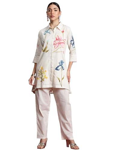 Image of INDO ERA Women's Off White Pure Cotton Printed A-Line Kurta & Pant Set (KS0OW10119 XX-Large)