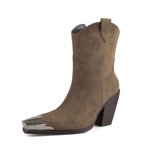 Image of keleimusi Women's Western Cowgirl Ankle Boots Stacked Block Heel Cowboy Booties Steel Toe Heeled Short Cowboy Boots Side Zipper Western Booties for Women