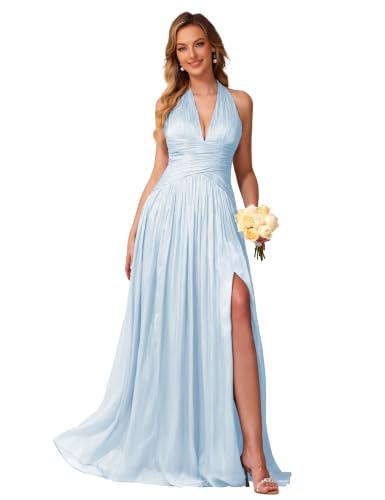 Image of Shimmer Chiffon Bridesmaid Dresses for Women Long | Deep V Neck,Pleated,Knotted,Empire Waist,with Slit,Breathable,Lightweight,Flowy,Formal Evening Dress