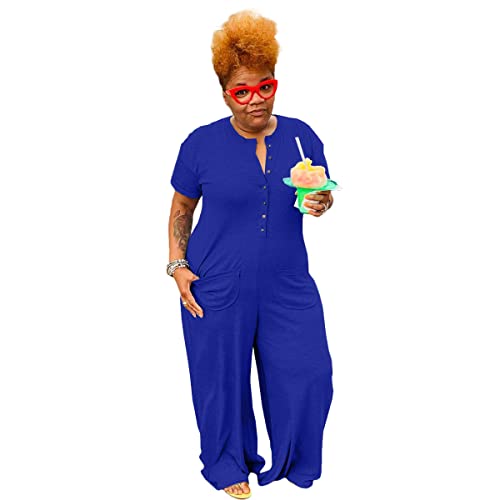 Bffbaby Plus Size Jumpsuits For Women Casual Short Sleeve Button-Down Loose Solid Stretchy Wide Leg Long Romper Loungewear #TOP2