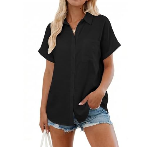 Womens Casual Button Down Shirt Short Sleeve Cotton Linen Blouses Ladies Collared Button Up Summer Beach Tops Outfits Black Small