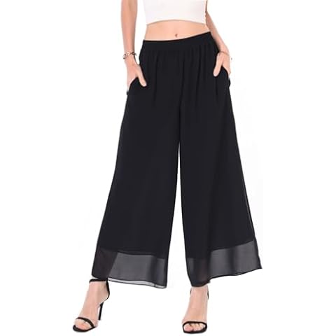 heipeiwa Women's Capris Crop Chiffon Pants Summer Beach Vacation Culottes Casual Dress Wide Leg Palazzo Pants Black Cover